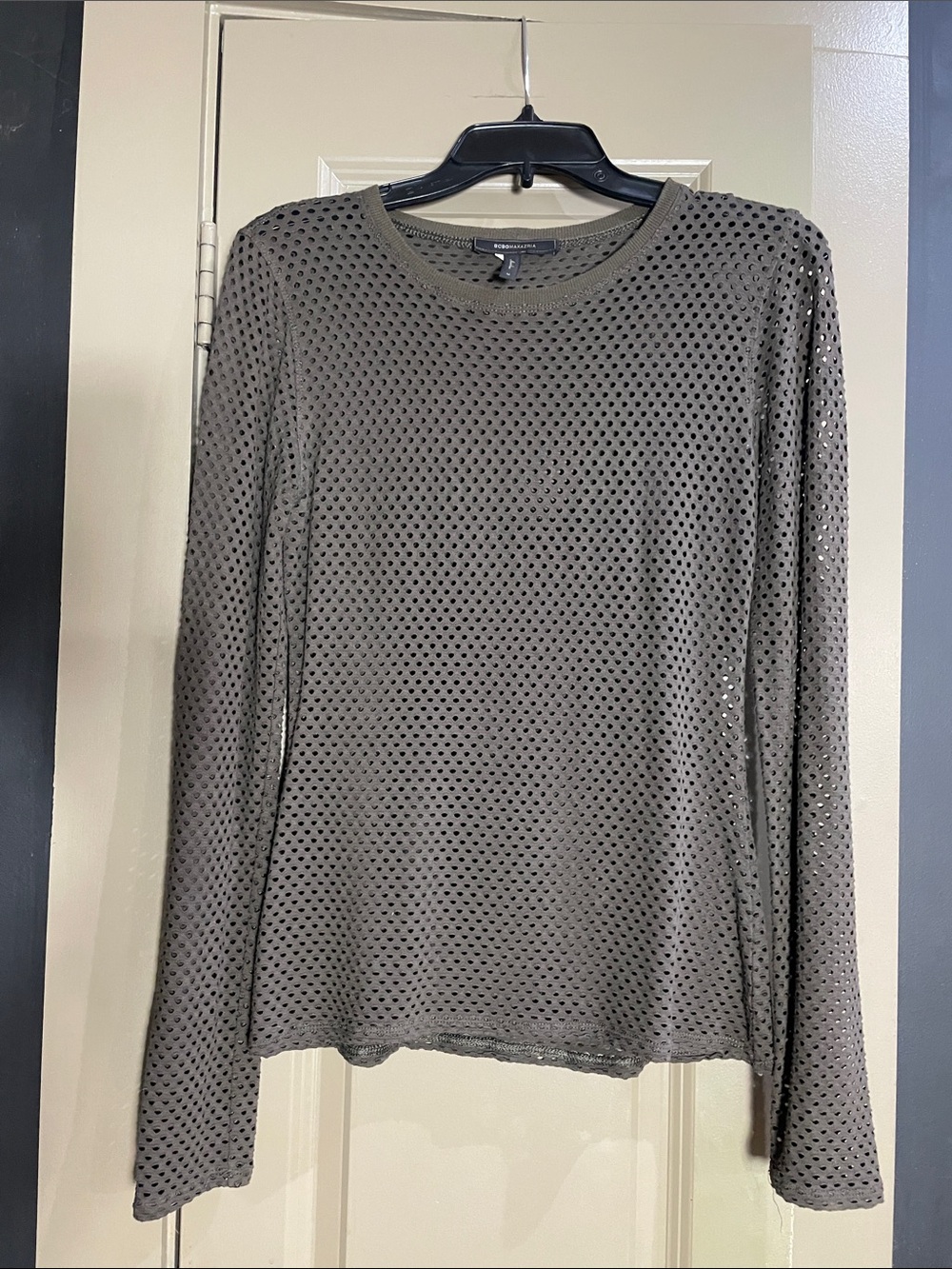 BCBGMaxAzria Olive Green Perforated Long Sleeve Knit Top